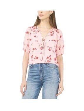 CeCe Pintuck V Neck Circular Trim Blouse Pink Floral Women's Small NWT